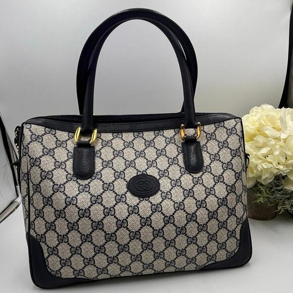 Gucci‎ Designer 80’s Vintage Monogram GG Navy Boston Top Handle Handbag Satchel - Picture 1 of 14